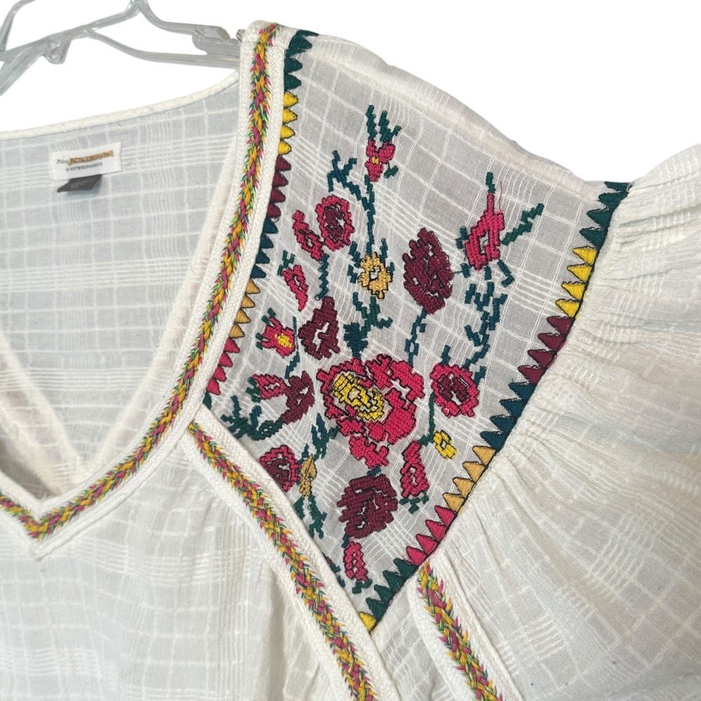 Pilcro Blouse Tawny Embroidered Floral Flutter Sleeve White L Boho Anthropologie - Picture 8 of 12